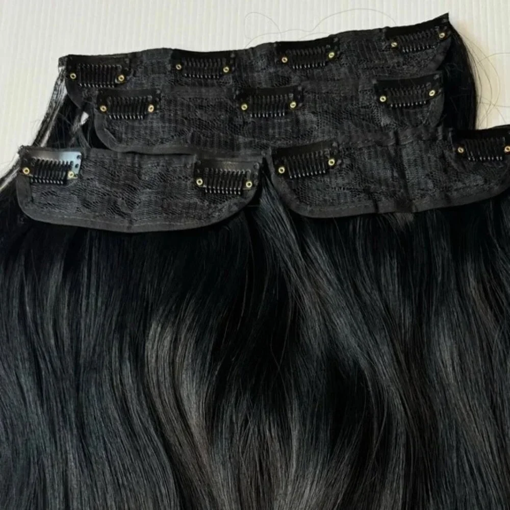 Black Clip in hair extensions - Human hair Blend